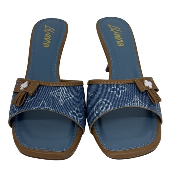 LILIANA / Dana-1 / Blue Denim / Open-Toe Heels / With Floral Accent & Tan Trim - Picture 3 of 8